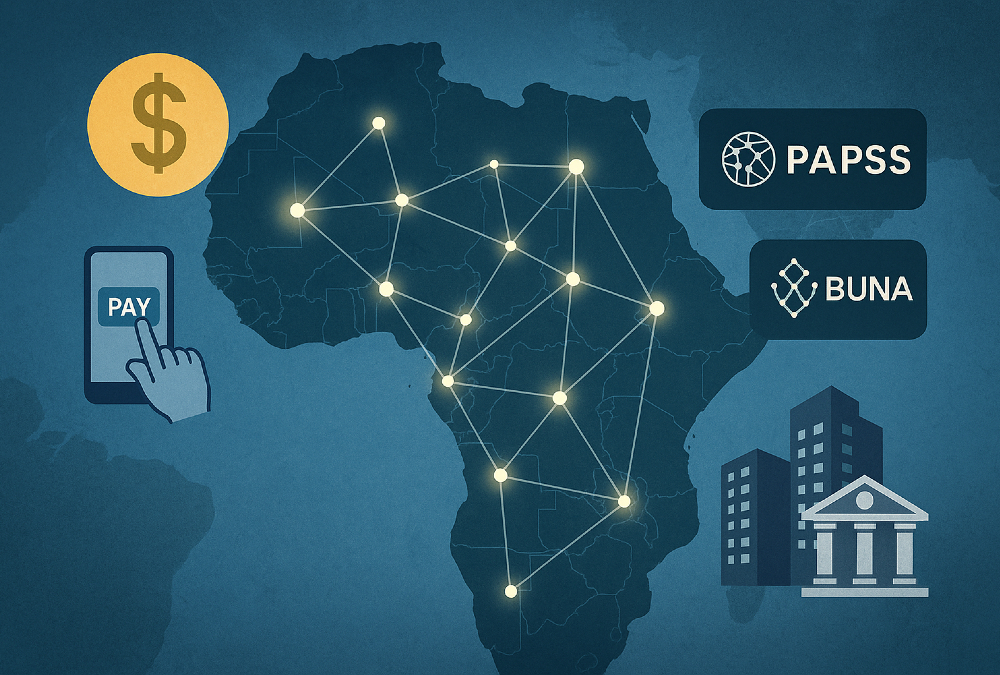 Illustration of Africa's financial transformation showing interconnected digital payment systems like PAPSS and BUNA, symbolizing reduced dollar dependence and regional economic integration across African countries.