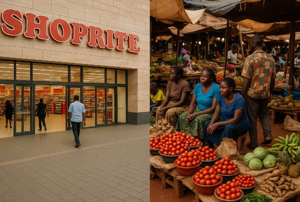 Contrast between a modern supermarket like Shoprite and a bustling local market in Kampala, highlighting the cultural gap that leads global brands to fail in East Africa.