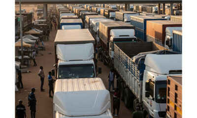 Illustration of regional trade bloc challenges, showing trucks delayed at a border crossing, broken infrastructure, and disconnected digital systems highlighting the gap between trade agreements and real-world integration.