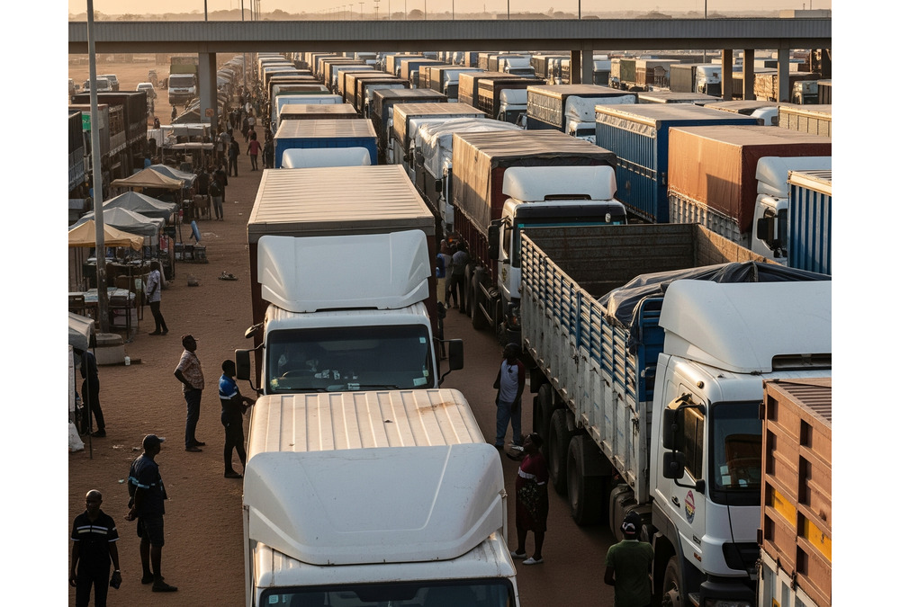 Illustration of regional trade bloc challenges, showing trucks delayed at a border crossing, broken infrastructure, and disconnected digital systems highlighting the gap between trade agreements and real-world integration.