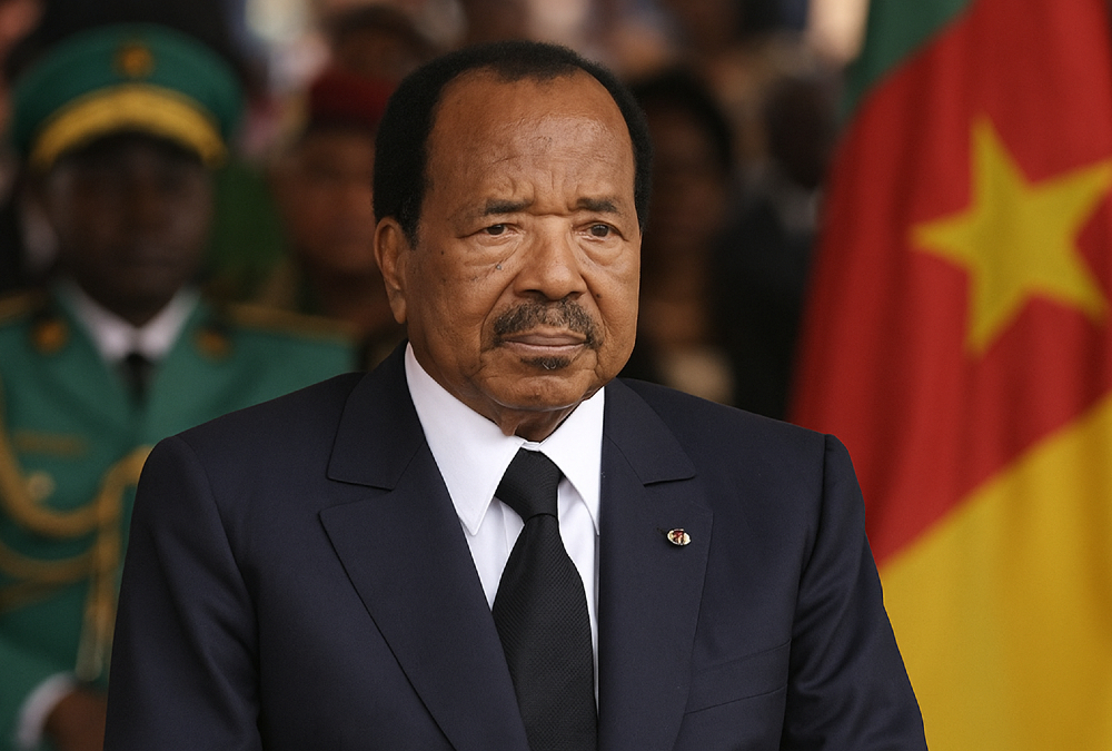Cameroonian President Paul Biya at a public event, symbolizing over four decades of political power amid national challenges and calls for reform.