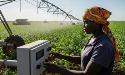 Farm worker operating a center pivot irrigation system on a mechanized farm in Africa, symbolizing the role of smart agriculture in enhancing food security and sustainability.