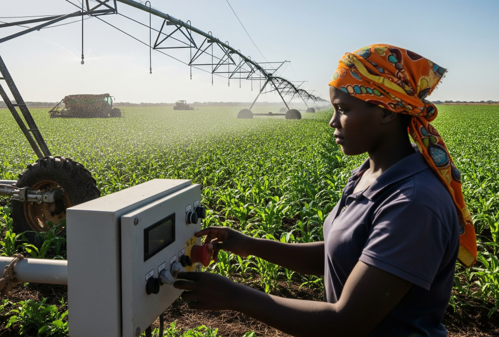Farm worker operating a center pivot irrigation system on a mechanized farm in Africa, symbolizing the role of smart agriculture in enhancing food security and sustainability.