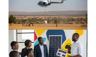 Image depicting the contrast between foreign aid deliveries and African local entrepreneurship, symbolizing the shift from dependency to self-reliance and trade.