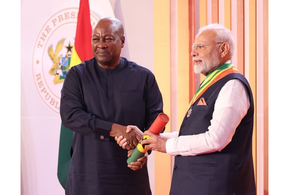 Indian Prime Minister Narendra Modi during a state visit in Accra, symbolizing the strengthening Ghana-India strategic partnership in trade, security, and development.