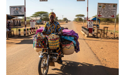 African trader transporting goods across a rural border crossing, symbolizing the rise of informal trade amid regional barriers in East Africa.