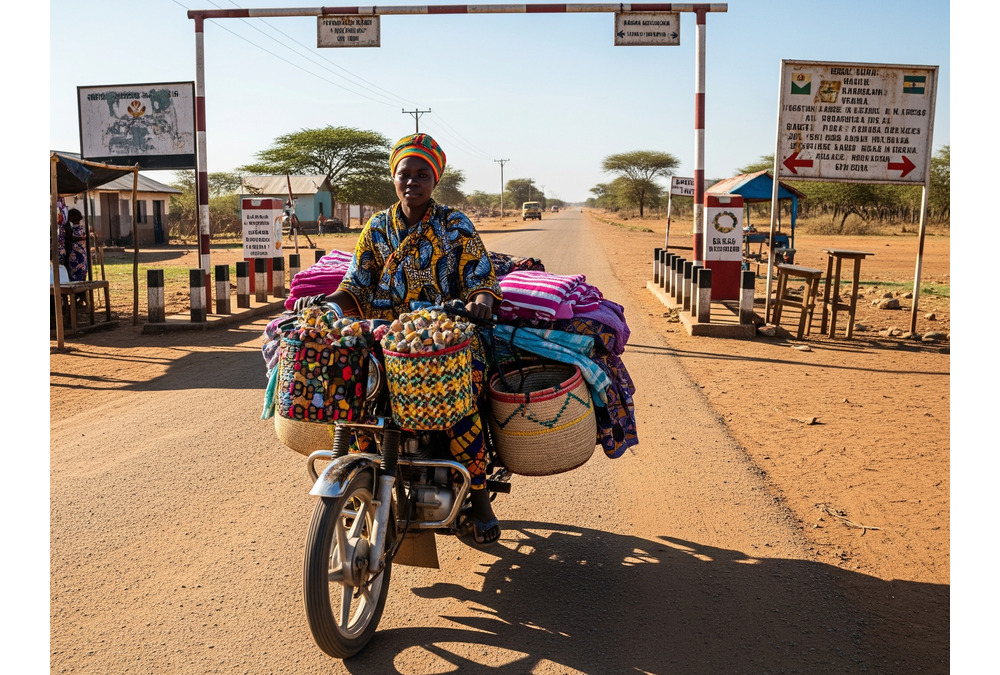 African trader transporting goods across a rural border crossing, symbolizing the rise of informal trade amid regional barriers in East Africa.