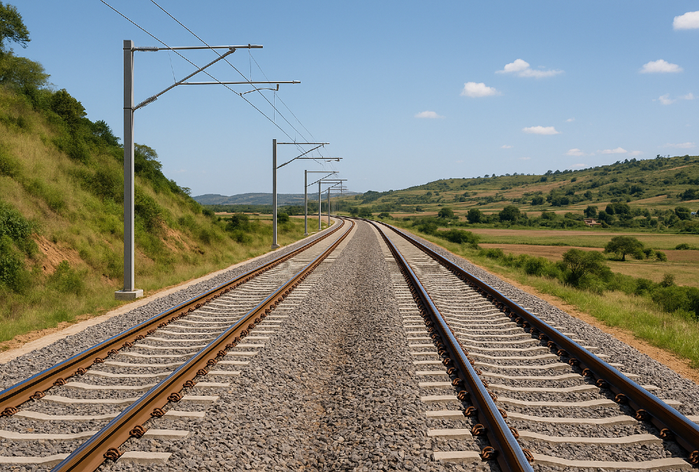 A modern Tanzanian railway line connecting inland mining and agricultural regions to the ports of Dar es Salaam and Tanga, symbolizing East Africa’s growing trade infrastructure.
