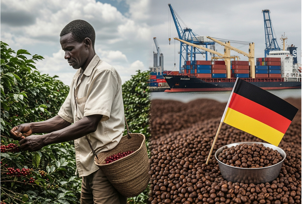 African coffee farmer harvesting beans while Germany profits from processed coffee exports