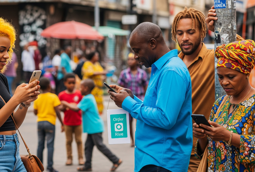 Diverse group of people using smartphones in urban African settings, illustrating growing internet access and affordability