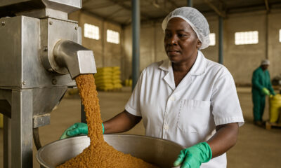 African woman working in an agro-processing plant, turning raw agricultural products into finished goods to promote local industrialization and economic transformation.