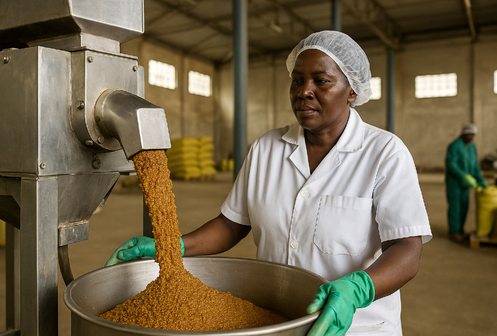African woman working in an agro-processing plant, turning raw agricultural products into finished goods to promote local industrialization and economic transformation.