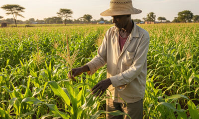 Farmer in Africa tending to crops in a lush field, symbolizing the continent's agricultural potential and investment opportunities for food security and economic growth.
