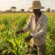 Farmer in Africa tending to crops in a lush field, symbolizing the continent's agricultural potential and investment opportunities for food security and economic growth.