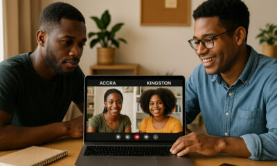 Young entrepreneurs in Accra and Kingston collaborating on a digital platform connecting African producers with Caribbean markets, representing the next generation of Afro-Caribbean trade innovation.