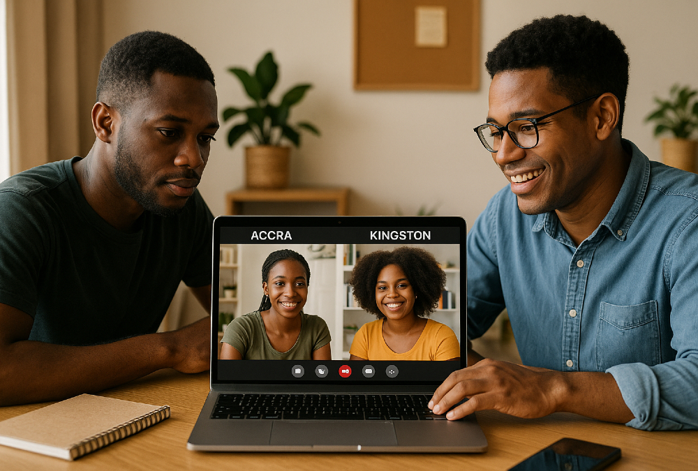 Young entrepreneurs in Accra and Kingston collaborating on a digital platform connecting African producers with Caribbean markets, representing the next generation of Afro-Caribbean trade innovation.