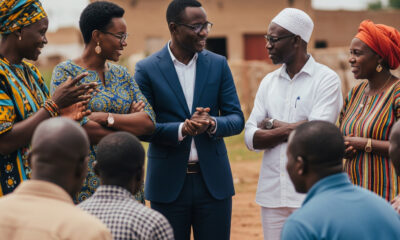 African leaders and citizens engaging in democratic dialogue, symbolizing the importance of inclusive governance and traditional accountability systems in modern African democracy.