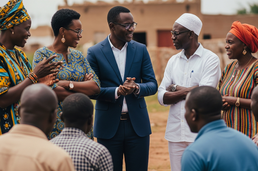 African leaders and citizens engaging in democratic dialogue, symbolizing the importance of inclusive governance and traditional accountability systems in modern African democracy.