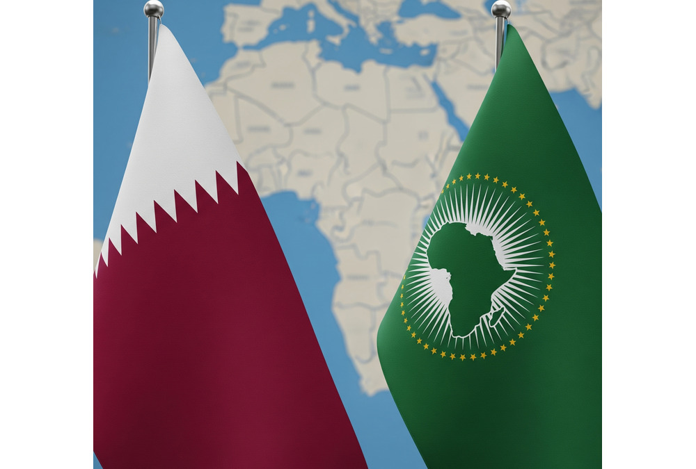 Qatar flag and African Union emblem side by side with Africa map in background, symbolizing Qatar's growing diplomatic role in mediating African conflicts such as the DR Congo-M23 ceasefire and regional peace efforts in the Great Lakes.