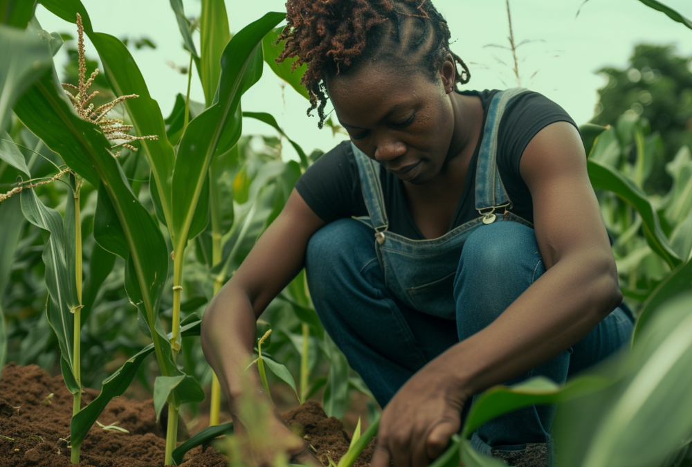 A vibrant African farm landscape with farmer working in a sunlit field, symbolizing the vital role of agriculture in Africa’s economy - supporting food security, employment, and sustainable development across the continent.