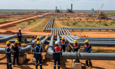 African oil and gas infrastructure under development with workers inspecting pipelines against a backdrop of arid land, symbolizing the continent's untapped energy potential and the need for investment.
