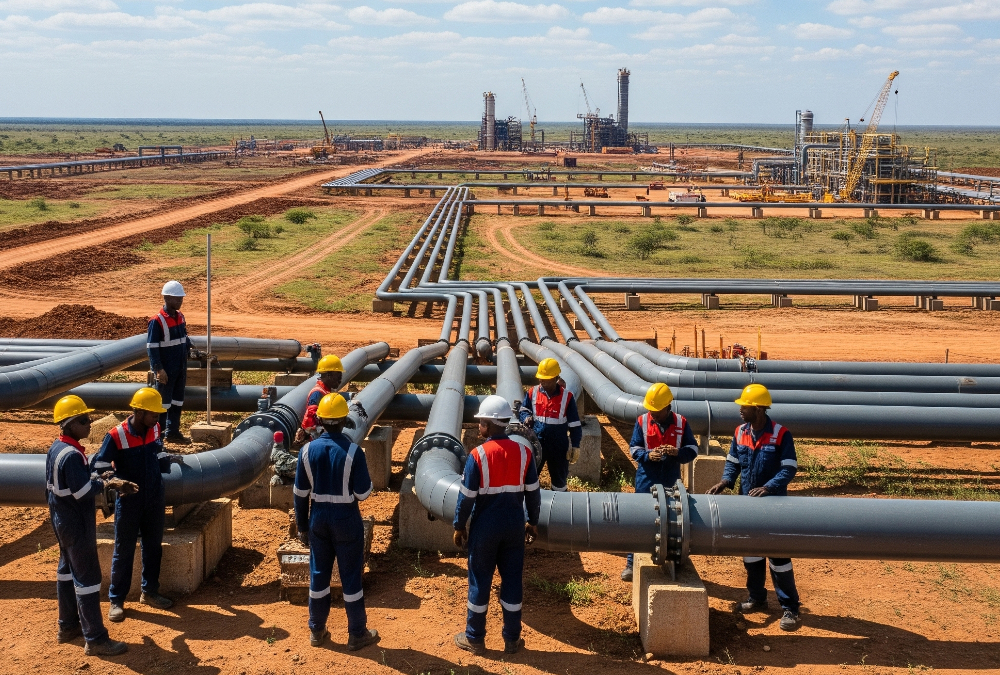 African oil and gas infrastructure under development with workers inspecting pipelines against a backdrop of arid land, symbolizing the continent's untapped energy potential and the need for investment.