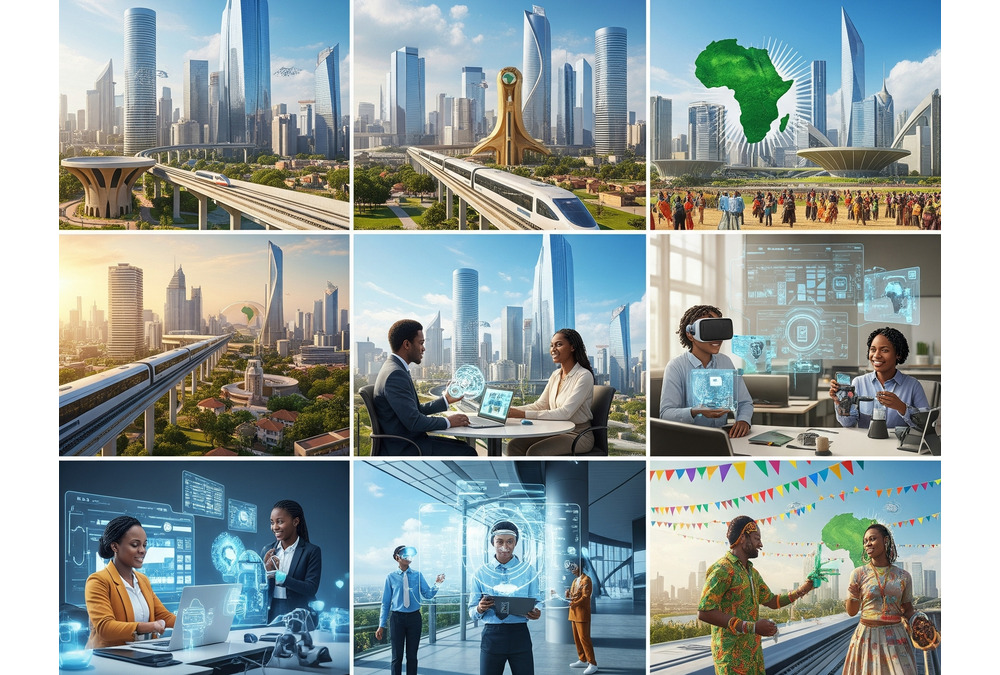 Futuristic vision of vision of Africa in 2055 showcasing advanced infrastructure, African-led innovation, digital education, sustainable industry, and Pan-African unity