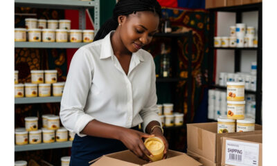 African entrepreneur packaging locally produced shea butter for export, symbolizing value addition and economic empowerment on the continent.