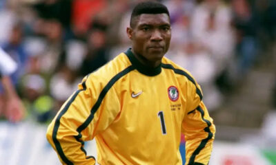 Portrait of Peter Rufai, legendary Nigerian goalkeeper and 1994 AFCON champion, remembered for his impact on African and European football.