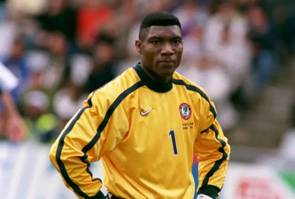 Portrait of Peter Rufai, legendary Nigerian goalkeeper and 1994 AFCON champion, remembered for his impact on African and European football.