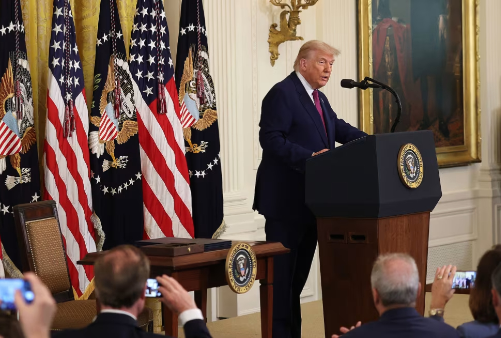 President Donald Trump delivers remarks at a peace accord signing, highlighting his administration's diplomatic efforts in global conflict resolution.