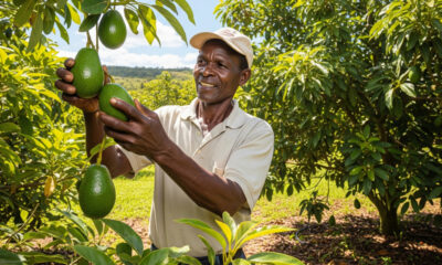 African farmer harvesting avocados in a lush orchard, symbolizing the continent’s rise in agro-exports and agricultural sovereignty.