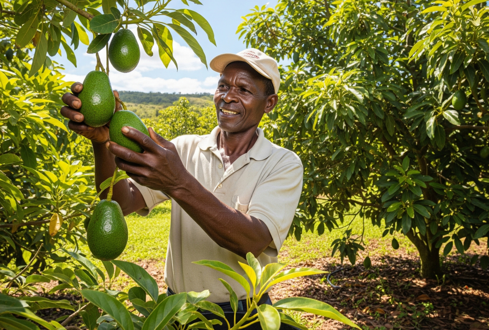 African farmer harvesting avocados in a lush orchard, symbolizing the continent’s rise in agro-exports and agricultural sovereignty.