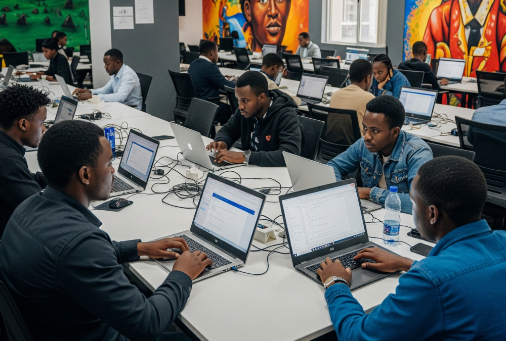 A modern African tech hub in Nairobi or Kigali, with young developers coding on laptops, challenging stereotypes and showcasing the continent’s growing digital innovation ecosystem.