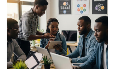 Young African entrepreneurs working on digital innovation in fintech, symbolizing the need for Ubuntu-driven startups over Silicon Valley models