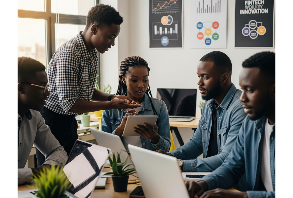 Young African entrepreneurs working on digital innovation in fintech, symbolizing the need for Ubuntu-driven startups over Silicon Valley models