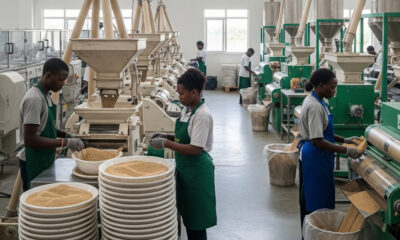 Interior of an African agro-processing factory, showing machinery and workers overcoming infrastructure and energy challenges to add local value.
