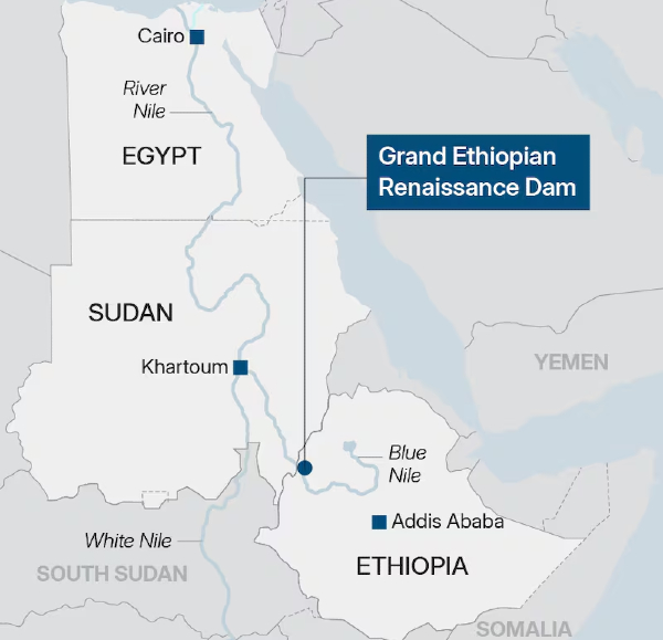 Map showing the Nile River Basin with Egypt, Ethiopia, and Sudan, highlighting the Grand Ethiopian Renaissance Dam (GERD) and surrounding regions affected by the water dispute.
