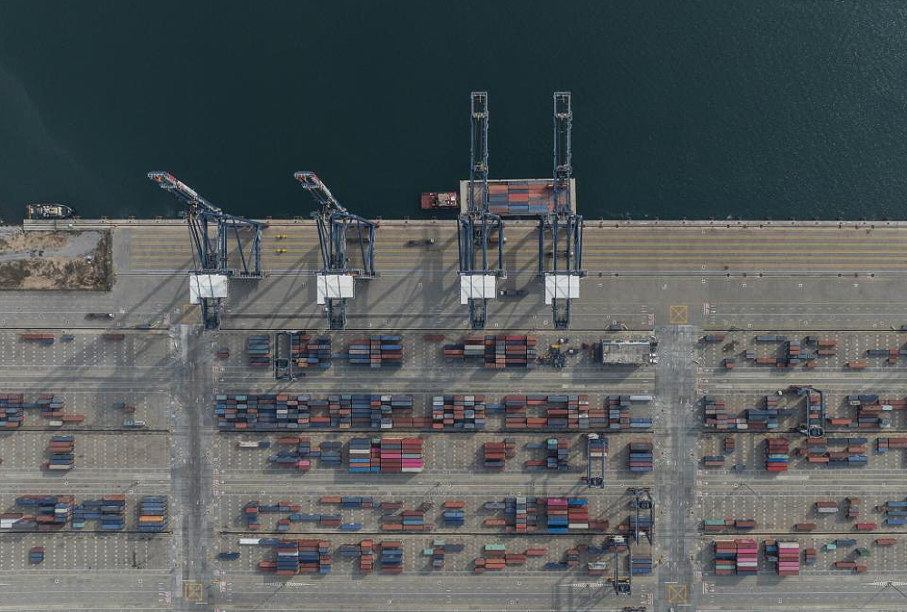 An aerial drone photo shows a view of the Lekki Port in Lagos, Nigeria, on Nov. 30, 2024. The Lekki Port and the Lekki Free Trade Zone are both located in the Lekki Peninsula of Lagos, Nigeria's largest city. The Lekki Free Trade Zone aims to become a new industrial city within Lagos, encompassing industries, commerce, trade, finance, and residential areas.