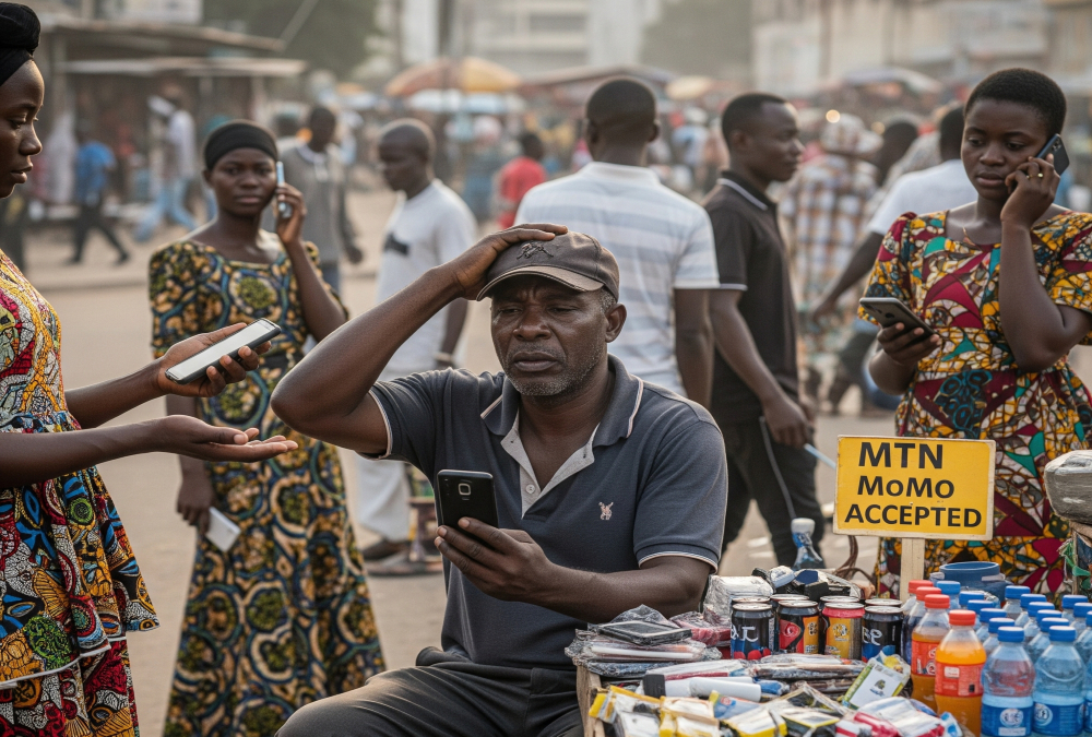 A frustrated street vendor in Ghana waiting for a mobile money payment during a nationwide mobile money outage, highlighting the vulnerability of the country’s cashless economy.