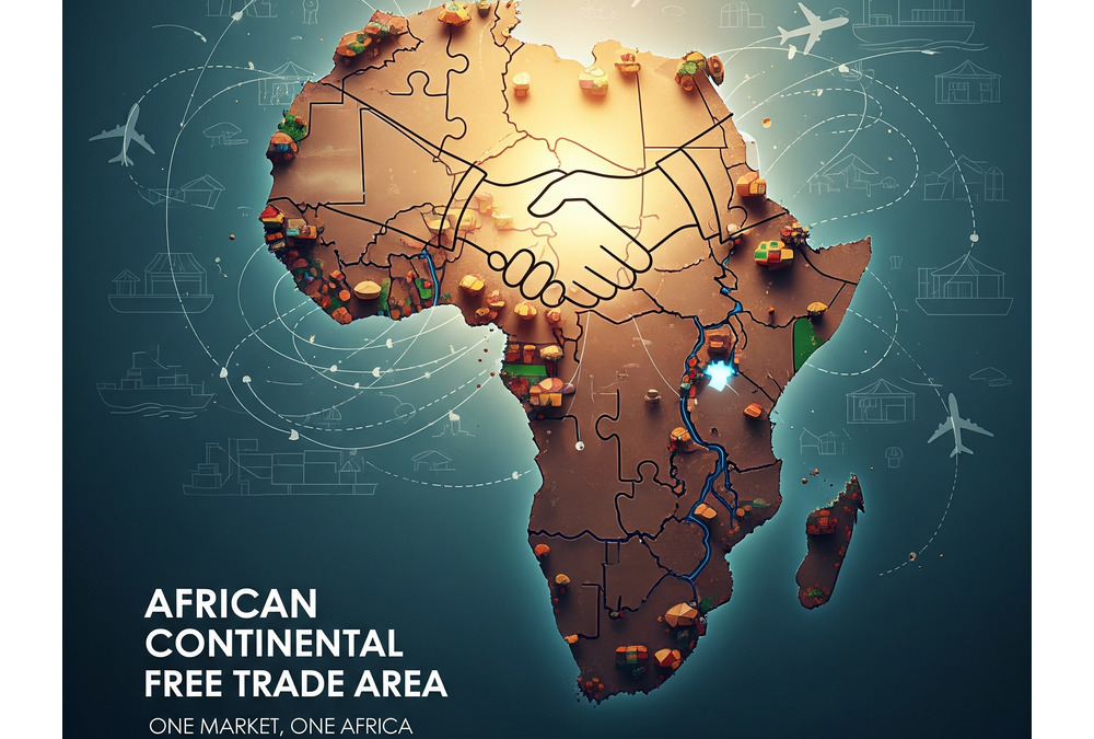 Map of Africa highlighting key regional trade blocs such as ECOWAS, UEMOA, and the African Continental Free Trade Area (AfCFTA), symbolizing regional integration, economic connectivity, and the transition from AGOA to a self-driven African trade agenda.