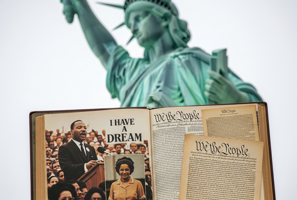 Statue of liberty with faded American history book showing images of Black inventors, civil rights leaders, and founding documents, symbolizing the importance of preserving truthful and inclusive U.S. history education