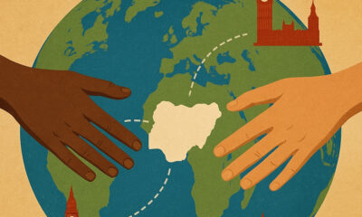A symbolic illustration of hands reaching across a globe, connecting Nigeria to cities abroad, representing the Nigerian diaspora’s potential to return and help rebuild the nation amid calls for reform, security, and opportunity.