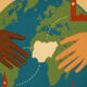 A symbolic illustration of hands reaching across a globe, connecting Nigeria to cities abroad, representing the Nigerian diaspora’s potential to return and help rebuild the nation amid calls for reform, security, and opportunity.