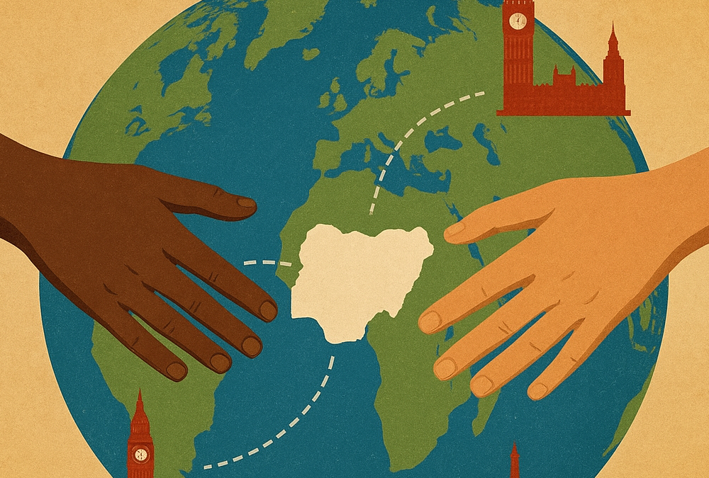 A symbolic illustration of hands reaching across a globe, connecting Nigeria to cities abroad, representing the Nigerian diaspora’s potential to return and help rebuild the nation amid calls for reform, security, and opportunity.