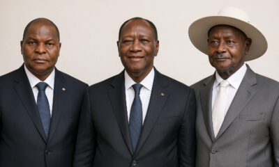 Illustration depicting African leaders clinging to power through constitutional changes, and democratic erosion across countries like Uganda, Cameroon, and Ivory Coast.