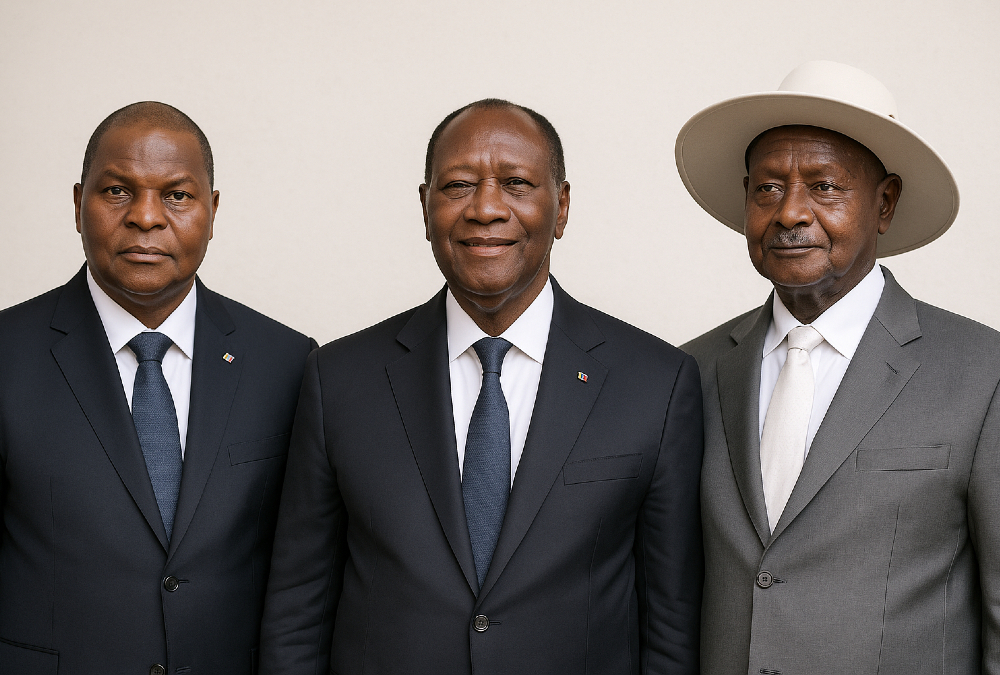 Illustration depicting African leaders clinging to power through constitutional changes, and democratic erosion across countries like Uganda, Cameroon, and Ivory Coast.
