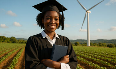 Symbols of African success: land, education, and renewable energy—representing dignity, self-reliance, and sustainable development led by African values.