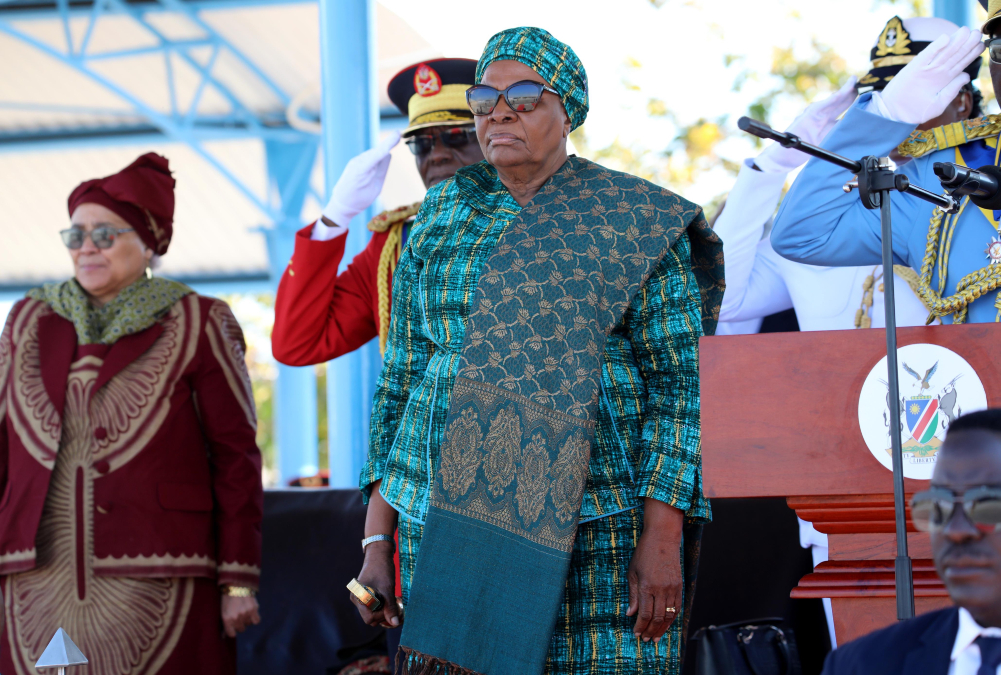 President Netumbo Nandi-Ndaitwah wearing traditional Namibian attire, showcasing African leadership and cultural fashion at a global political event.
