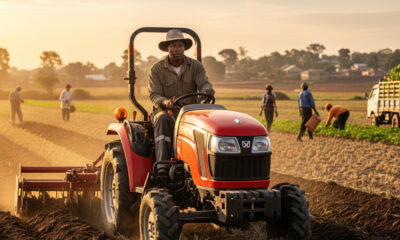 African farmer working in a sunlit field with modern farming tools, symbolizing the untapped potential of Africa’s agribusiness and the future of sustainable agriculture on the continent.